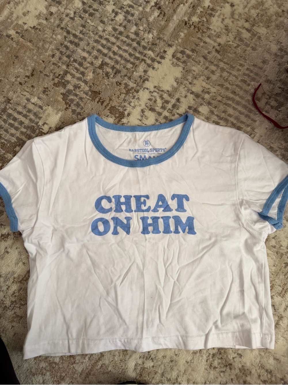 Barstool Sports "Cheat On Him" White & Light Blue Ringer Tee